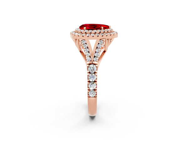 Rose gold Double Halo Pear Cut Ruby Split Shank Engagement Ring with Four-Prong Setting