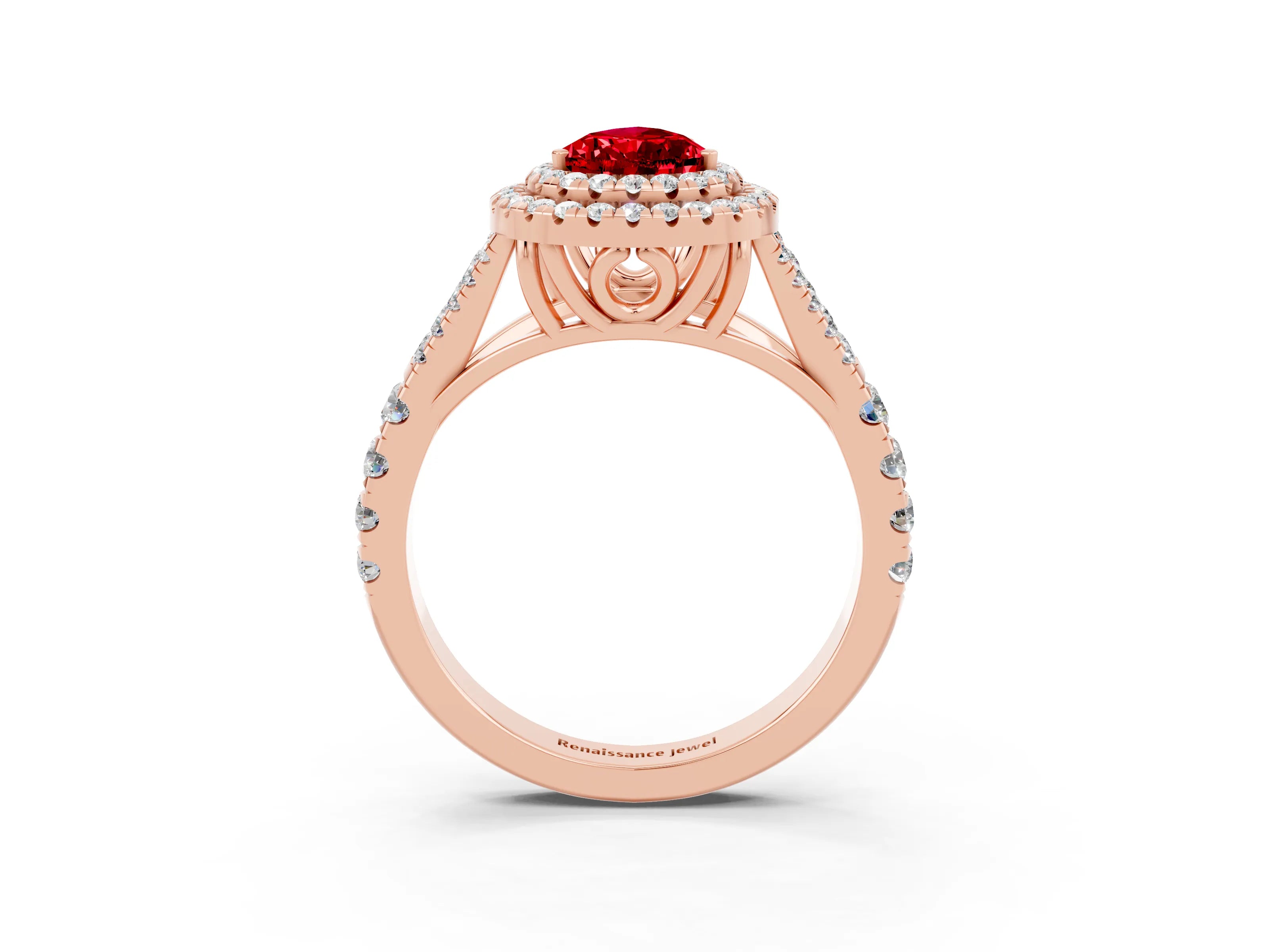 Rose gold Double Halo Pear Cut Ruby Split Shank Engagement Ring with Four-Prong Setting_3