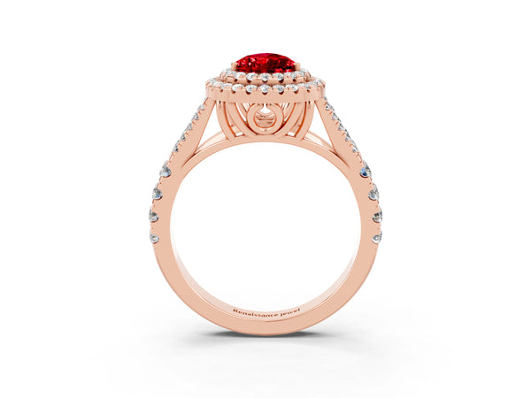 Rose gold Double Halo Pear Cut Ruby Split Shank Engagement Ring with Four-Prong Setting