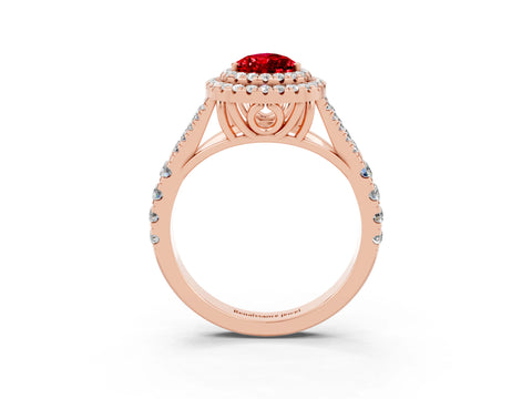 Rose gold Double Halo Pear Cut Ruby Split Shank Engagement Ring with Four-Prong Setting_3