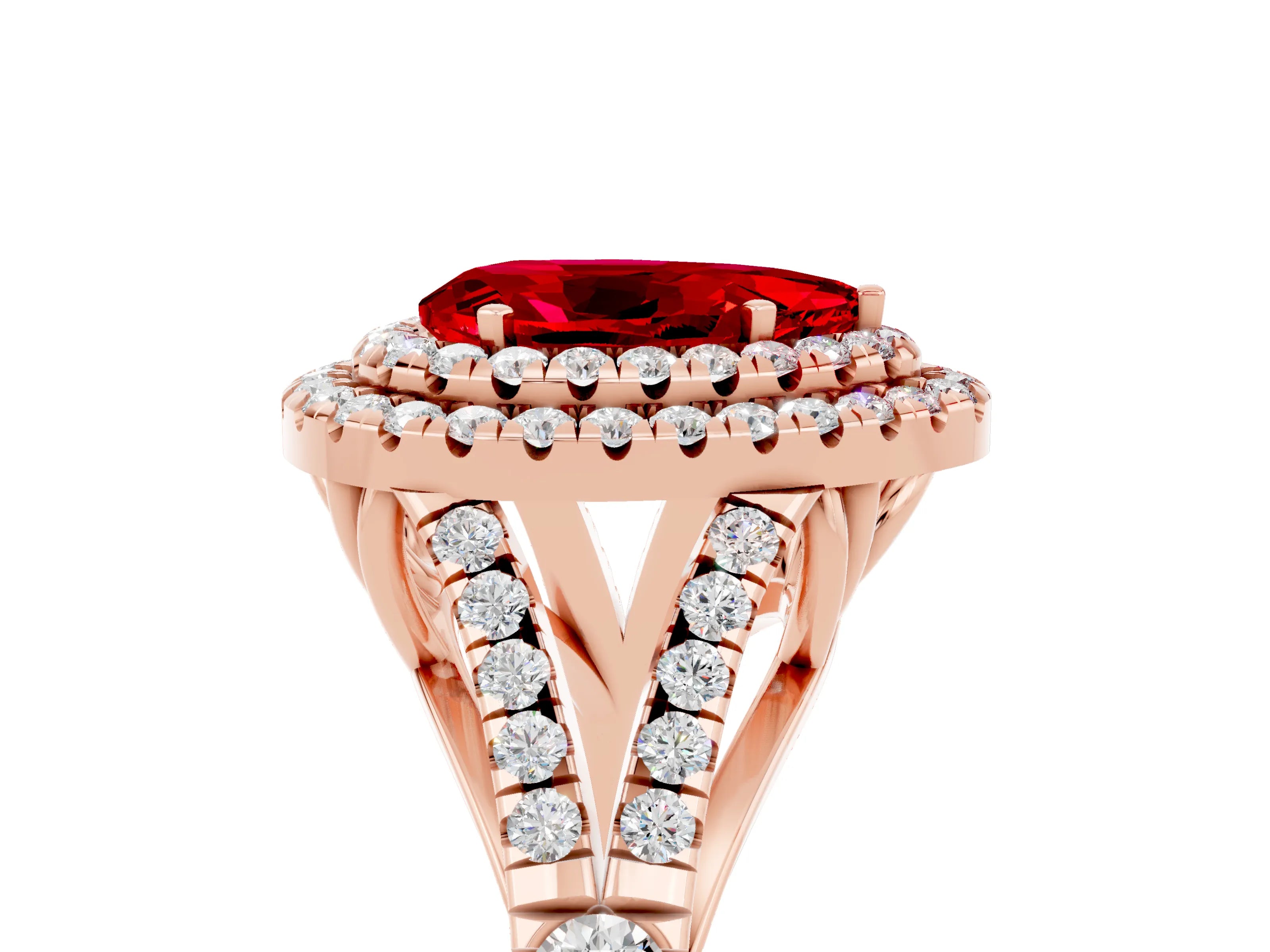 Rose gold Double Halo Pear Cut Ruby Split Shank Engagement Ring with Four-Prong Setting_5