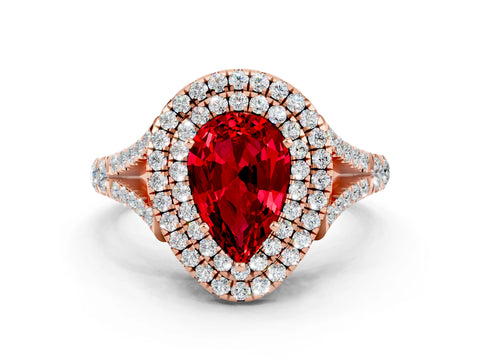 Rose gold Double Halo Pear Cut Ruby Split Shank Engagement Ring with Four-Prong Setting