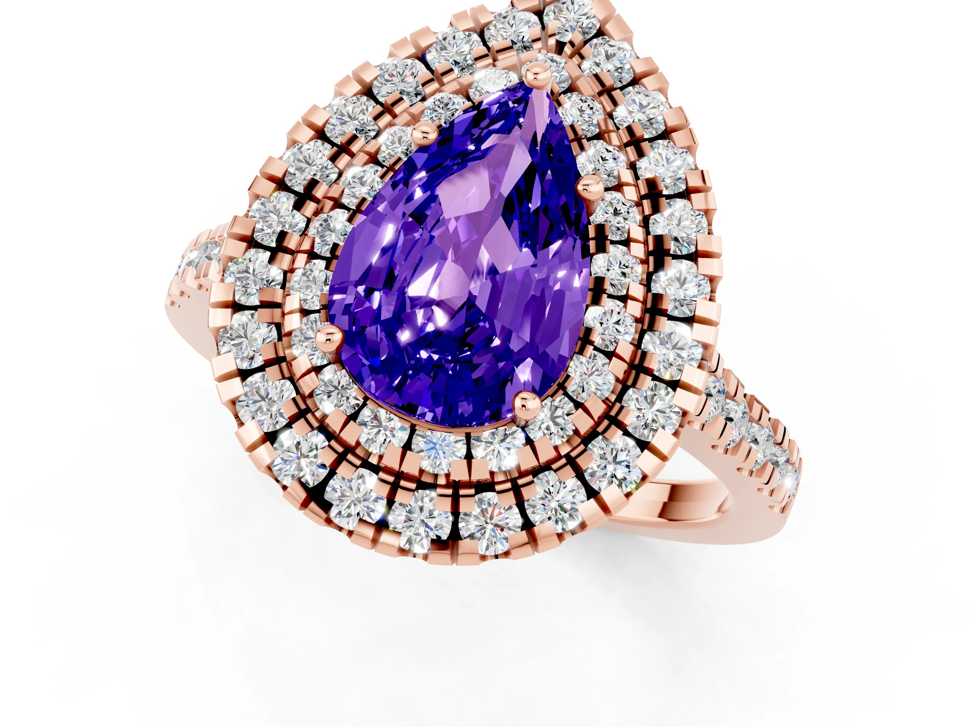 Rose gold Double Halo Pear Cut Tanzanite Pavé Band with Four-Prong Setting_1