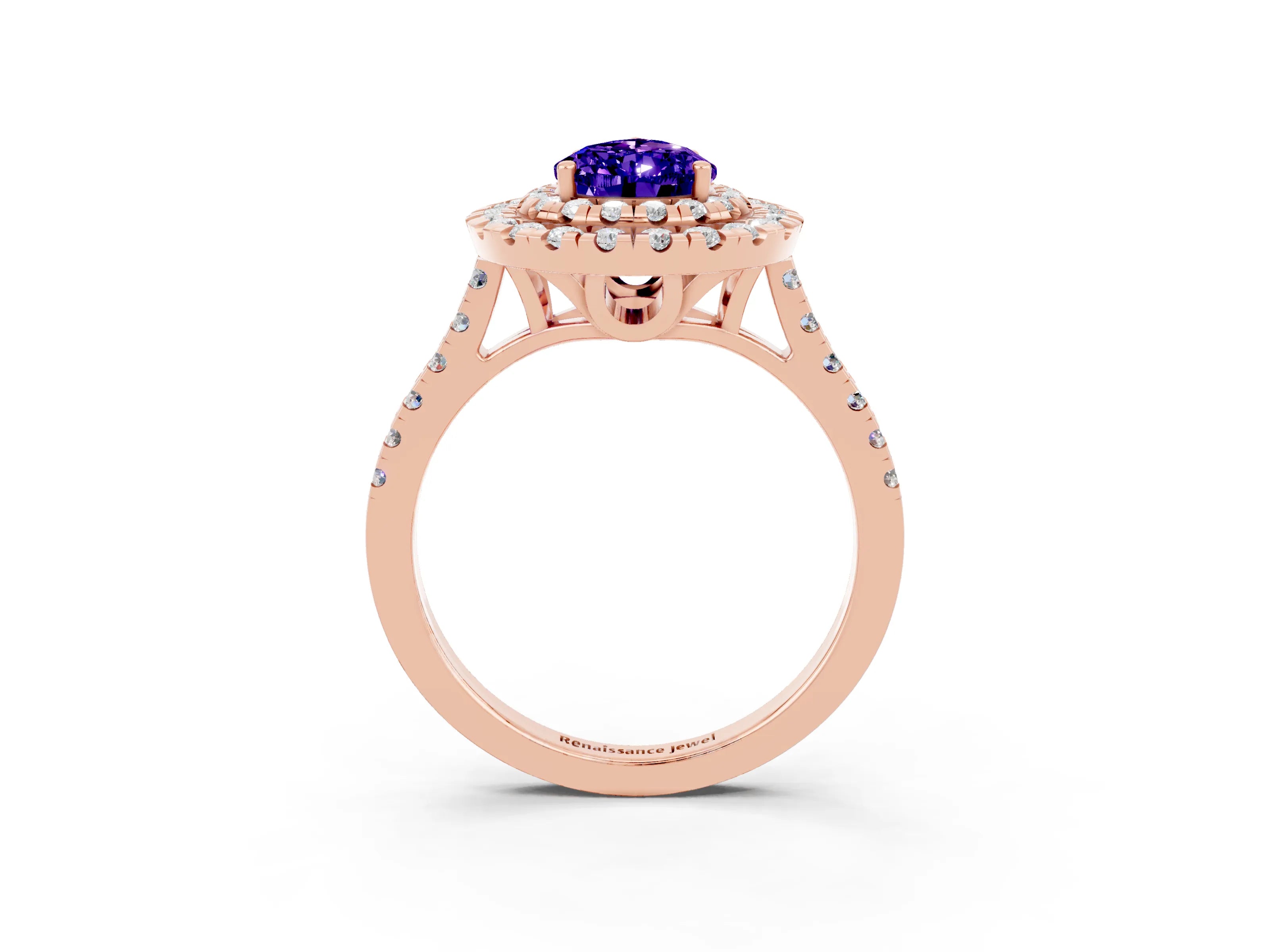 Rose gold Double Halo Pear Cut Tanzanite Pavé Band with Four-Prong Setting_3