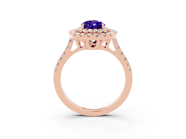 Rose gold Double Halo Pear Cut Tanzanite Pavé Band with Four-Prong Setting