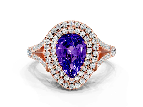 Rose gold Double Halo Pear Cut Tanzanite Pavé Split Shank Ring with Prong Setting