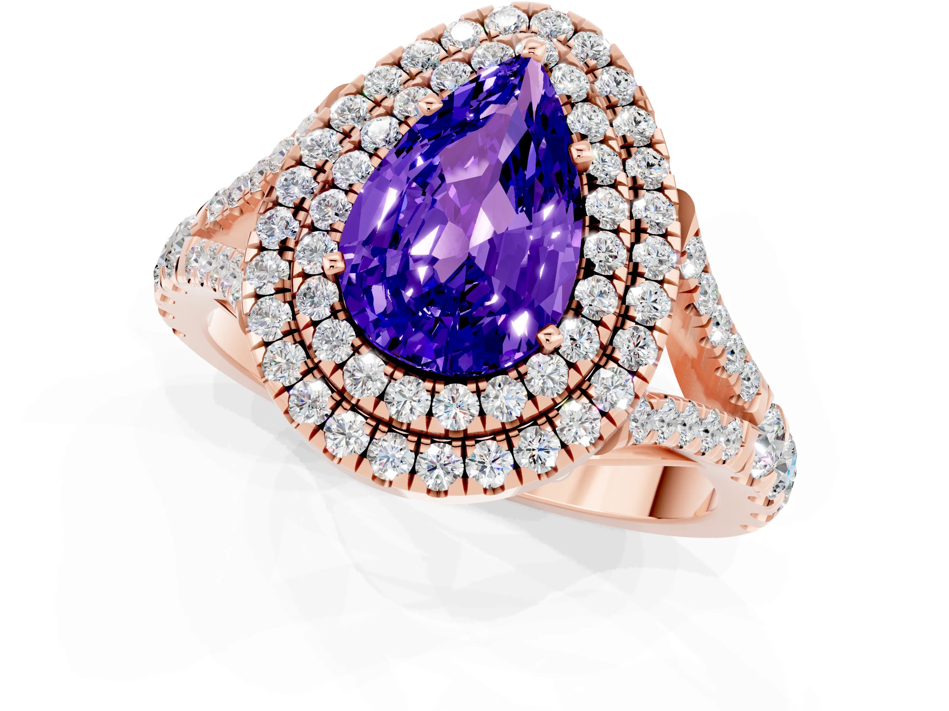 Rose gold Double Halo Pear Cut Tanzanite Pavé Split Shank Ring with Prong Setting_1