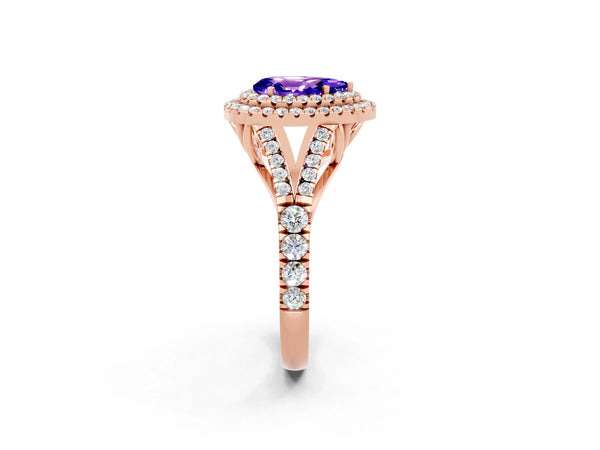 Rose gold Double Halo Pear Cut Tanzanite Pavé Split Shank Ring with Prong Setting