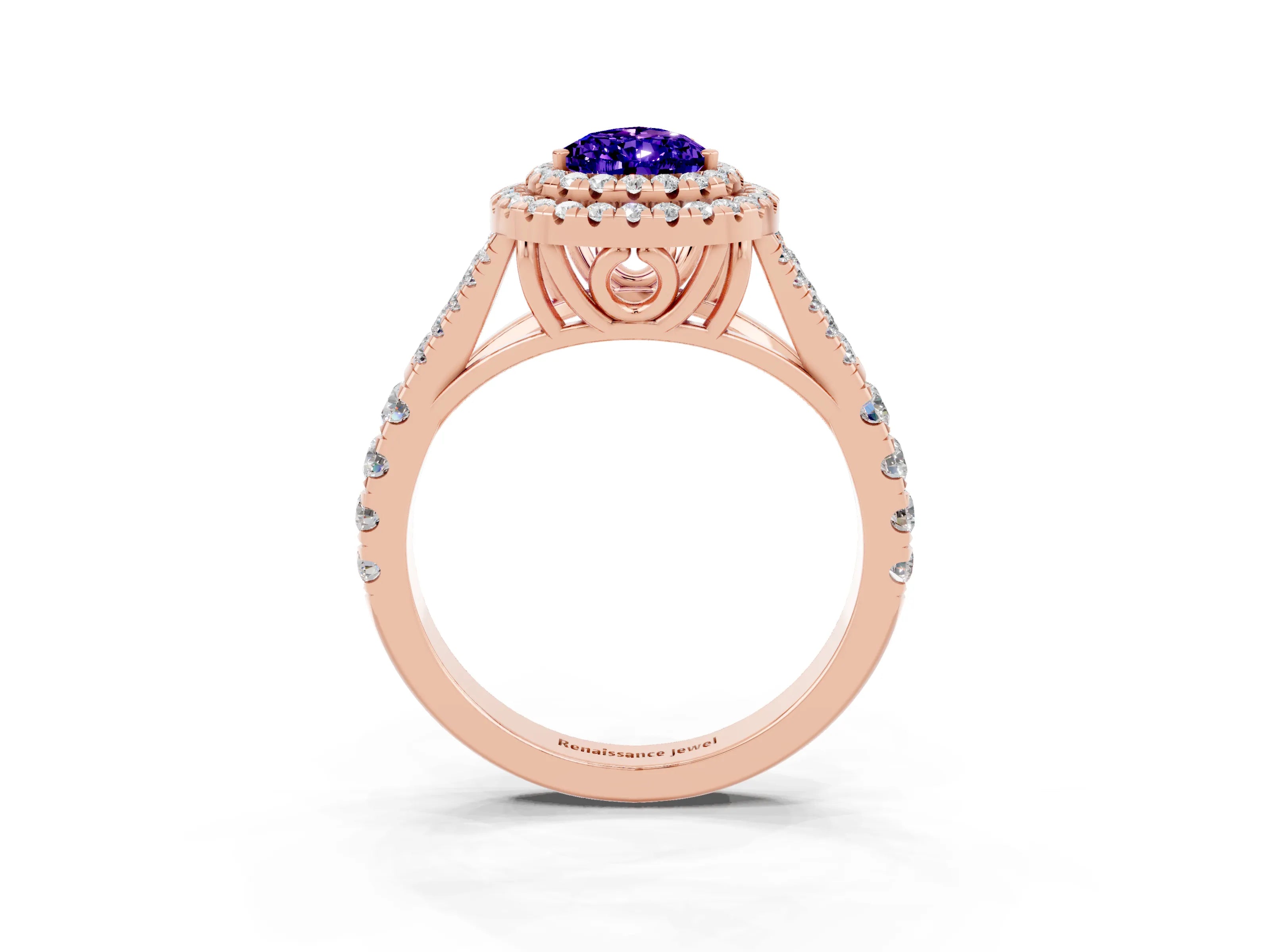 Rose gold Double Halo Pear Cut Tanzanite Pavé Split Shank Ring with Prong Setting_3