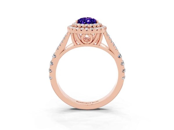 Rose gold Double Halo Pear Cut Tanzanite Pavé Split Shank Ring with Prong Setting