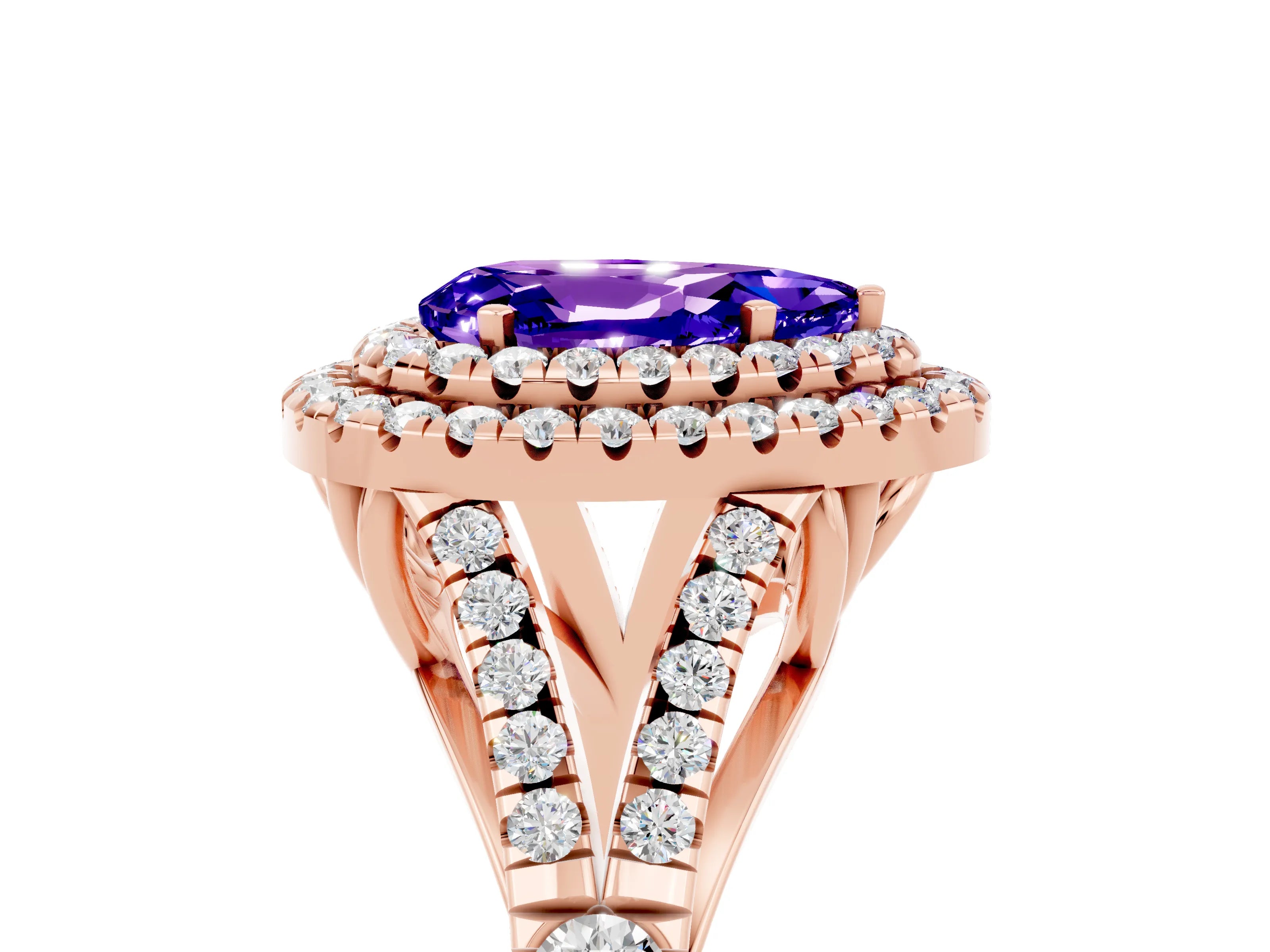 Rose gold Double Halo Pear Cut Tanzanite Pavé Split Shank Ring with Prong Setting_5