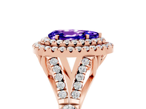 Rose gold Double Halo Pear Cut Tanzanite Pavé Split Shank Ring with Prong Setting_5