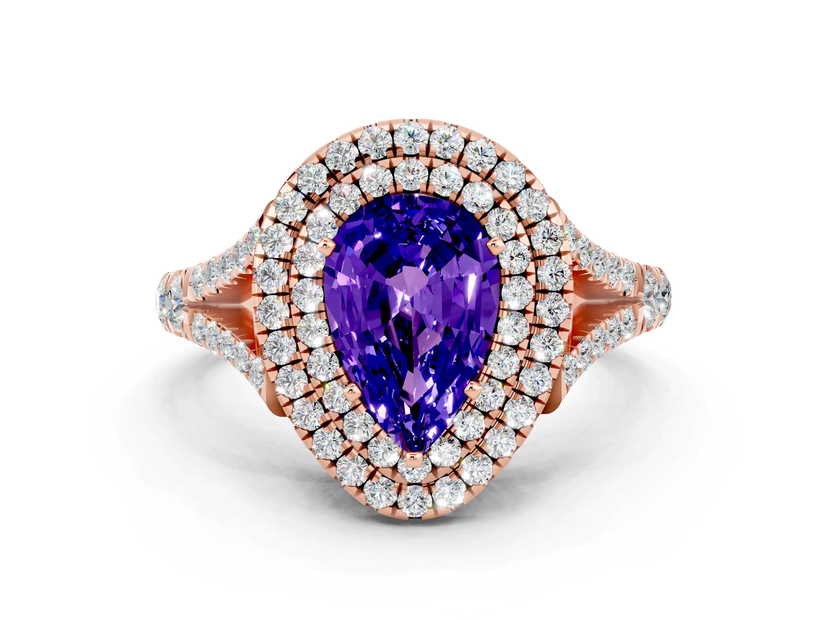 Rose gold Double Halo Pear Cut Tanzanite Split Shank Engagement Ring with Four-Prong Setting