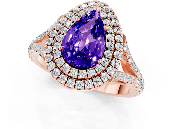 Rose gold Double Halo Pear Cut Tanzanite Split Shank Engagement Ring with Four-Prong Setting