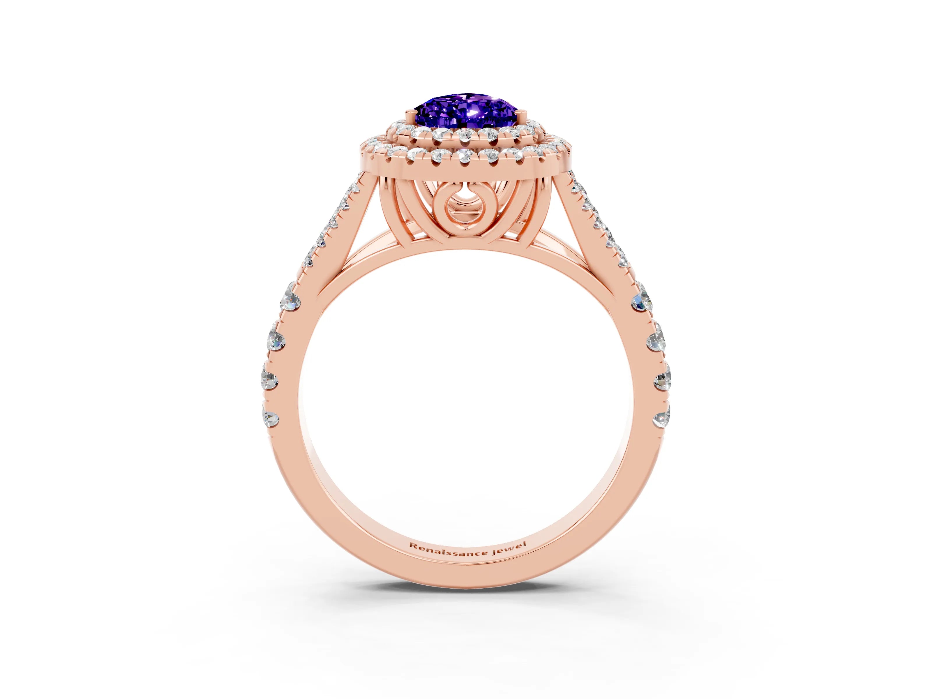 Rose gold Double Halo Pear Cut Tanzanite Split Shank Engagement Ring with Four-Prong Setting_3