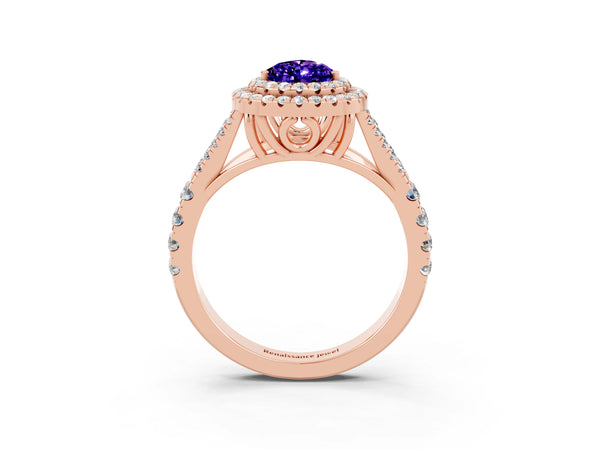 Rose gold Double Halo Pear Cut Tanzanite Split Shank Engagement Ring with Four-Prong Setting