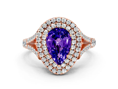 Rose gold Double Halo Pear Cut Tanzanite Split Shank Engagement Ring with Four-Prong Setting