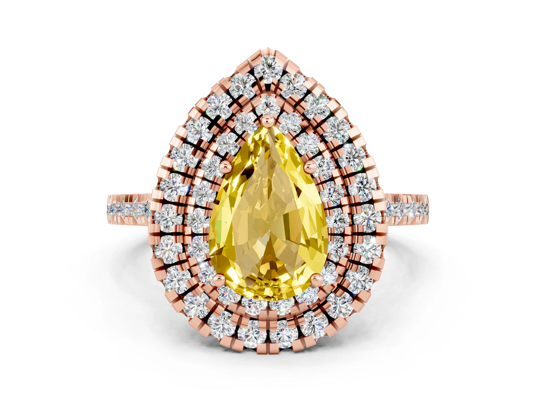 Rose gold Double Halo Pear Cut Yellow Sapphire Pavé Band with Four-Prong Setting_24