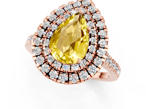 Rose gold Double Halo Pear Cut Yellow Sapphire Pavé Band with Four-Prong Setting