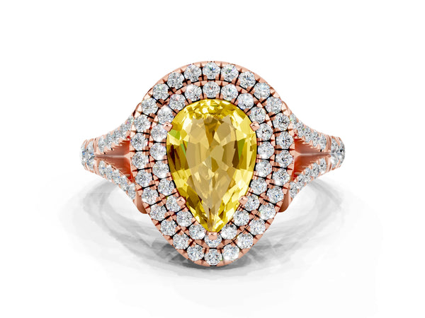 Rose gold Double Halo Pear Cut Yellow Sapphire Pavé Split Shank Ring with Prong Setting