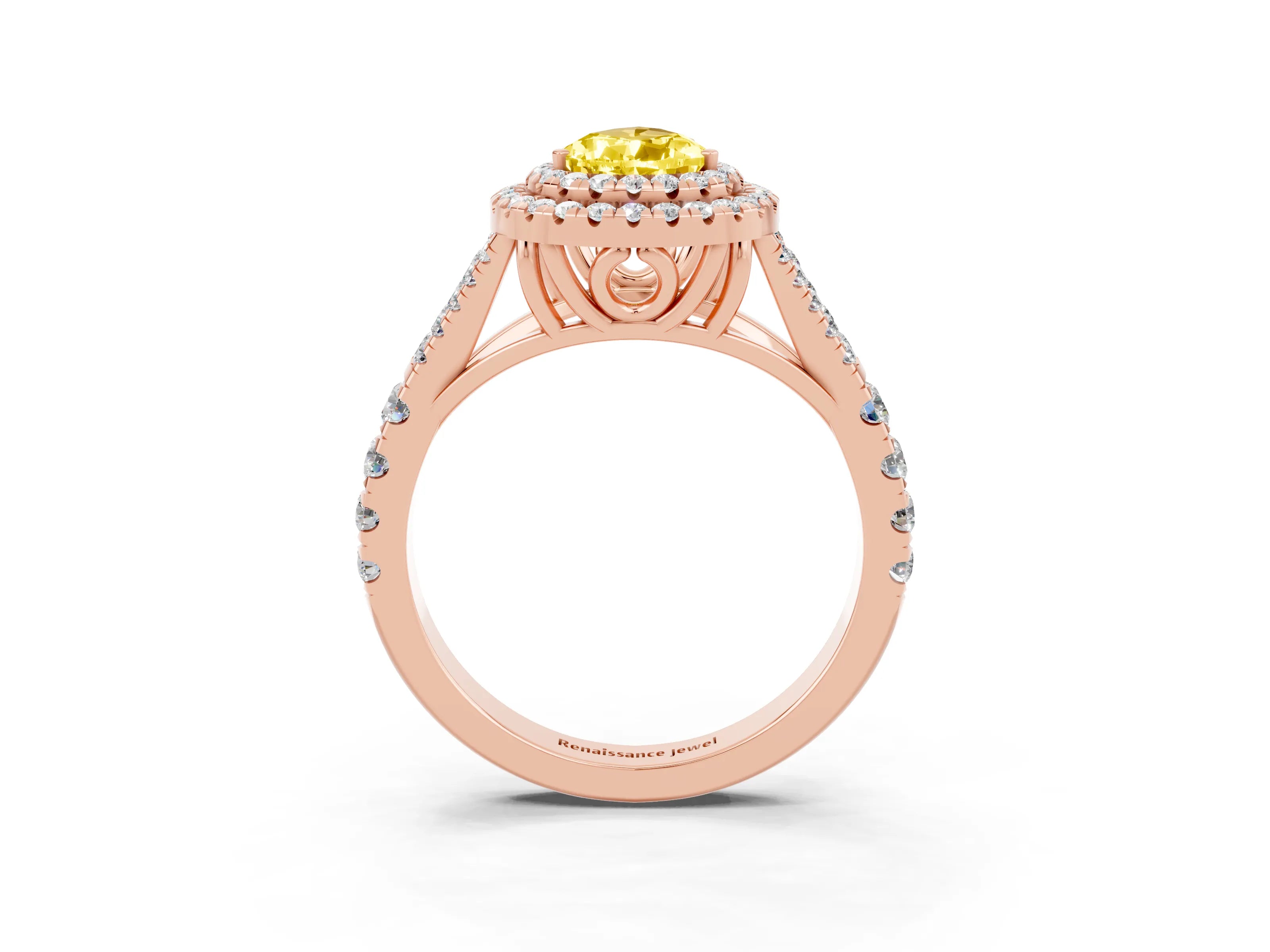Rose gold Double Halo Pear Cut Yellow Sapphire Pavé Split Shank Ring with Prong Setting_3
