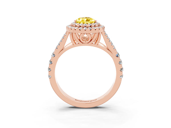 Rose gold Double Halo Pear Cut Yellow Sapphire Pavé Split Shank Ring with Prong Setting