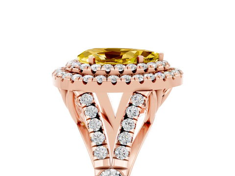 Rose gold Double Halo Pear Cut Yellow Sapphire Pavé Split Shank Ring with Prong Setting_5