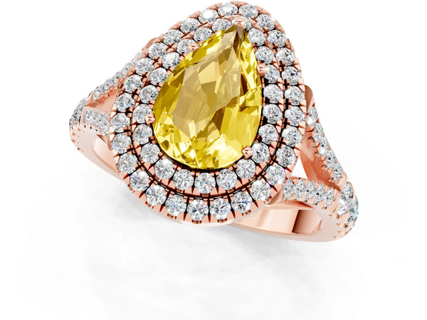 Rose gold Double Halo Pear Cut Yellow Sapphire Split Shank Engagement Ring with Four-Prong Setting