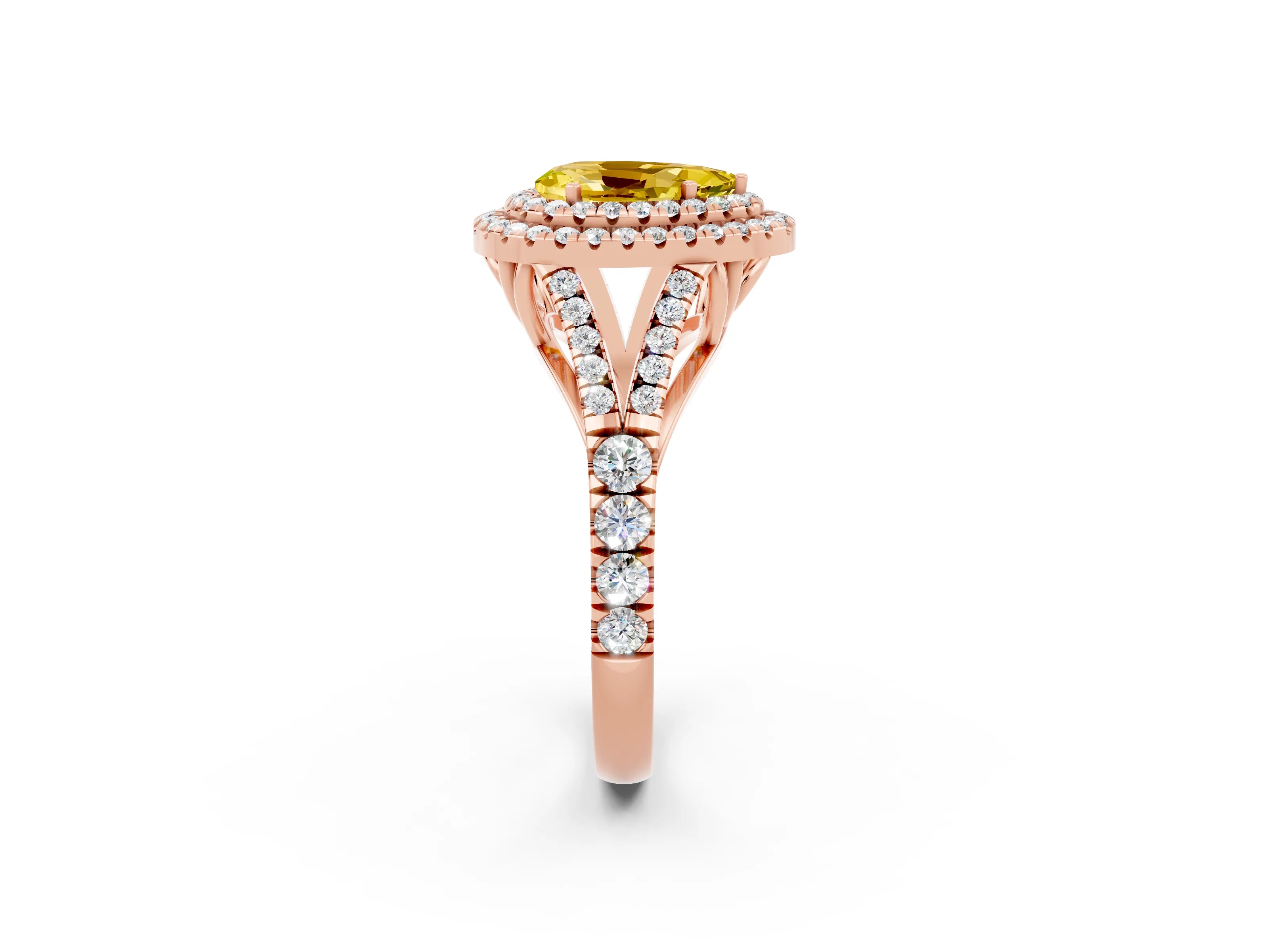 Rose gold Double Halo Pear Cut Yellow Sapphire Split Shank Engagement Ring with Four-Prong Setting_2