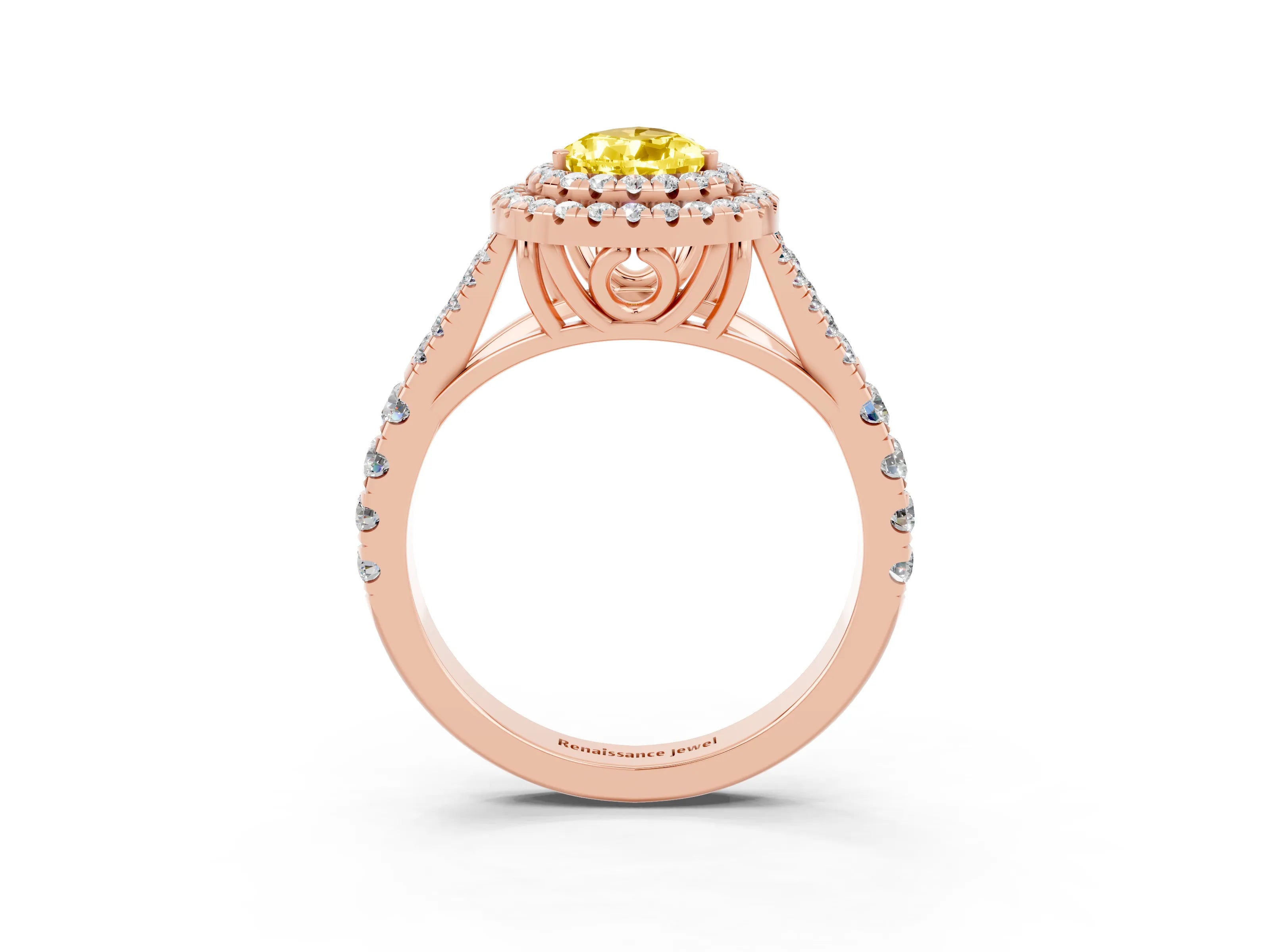 Rose gold Double Halo Pear Cut Yellow Sapphire Split Shank Engagement Ring with Four-Prong Setting_3