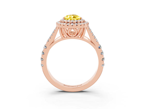 Rose gold Double Halo Pear Cut Yellow Sapphire Split Shank Engagement Ring with Four-Prong Setting