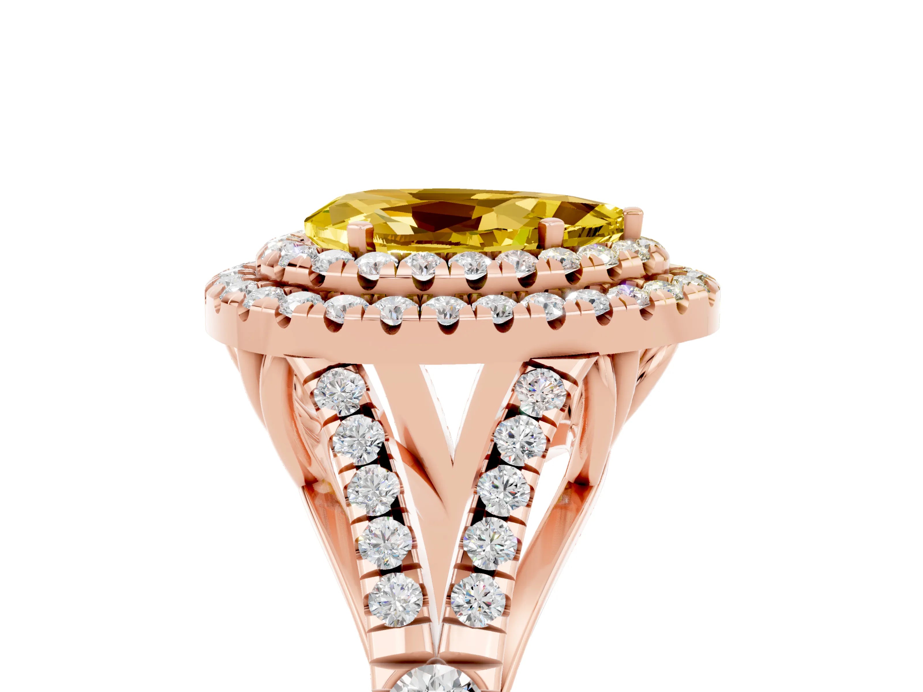 Rose gold Double Halo Pear Cut Yellow Sapphire Split Shank Engagement Ring with Four-Prong Setting_5