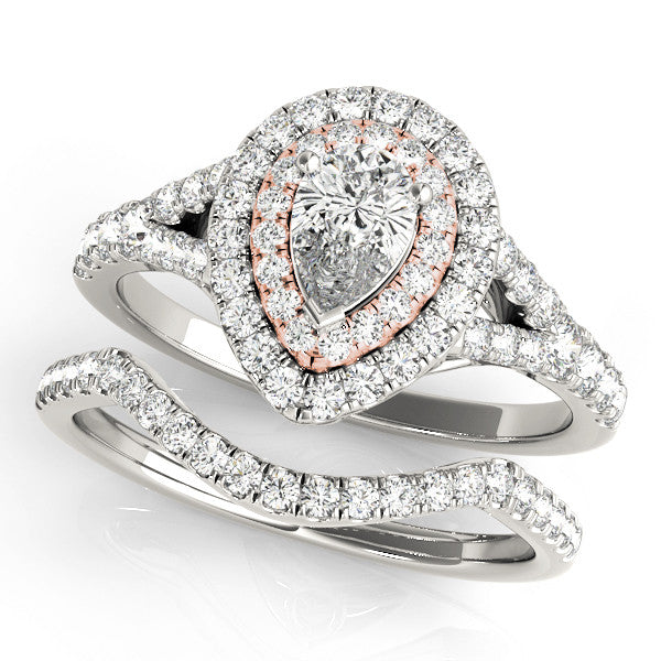 10K Rose Gold Double Halo 1.59 Carat F VS1 Pear-Shaped Split Shank Diamond Ring with Prong Setting