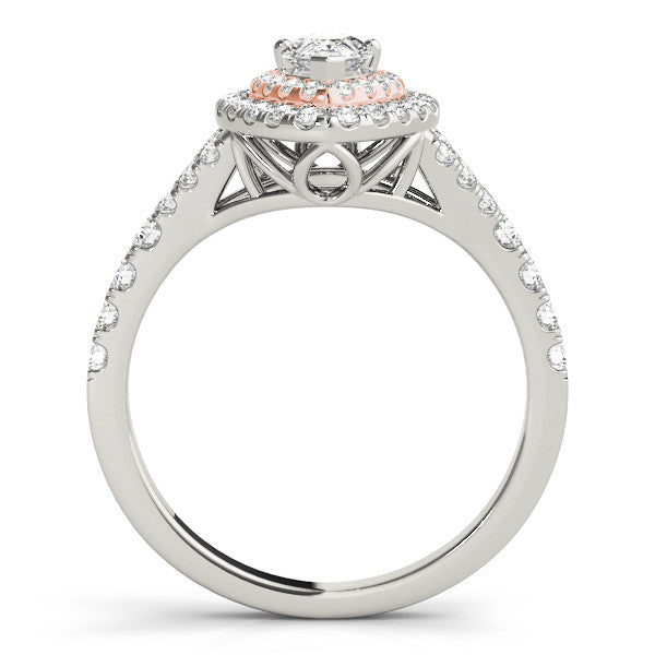 10K Rose Gold Double Halo 1.59 Carat F VS1 Pear-Shaped Split Shank Diamond Ring with Prong Setting