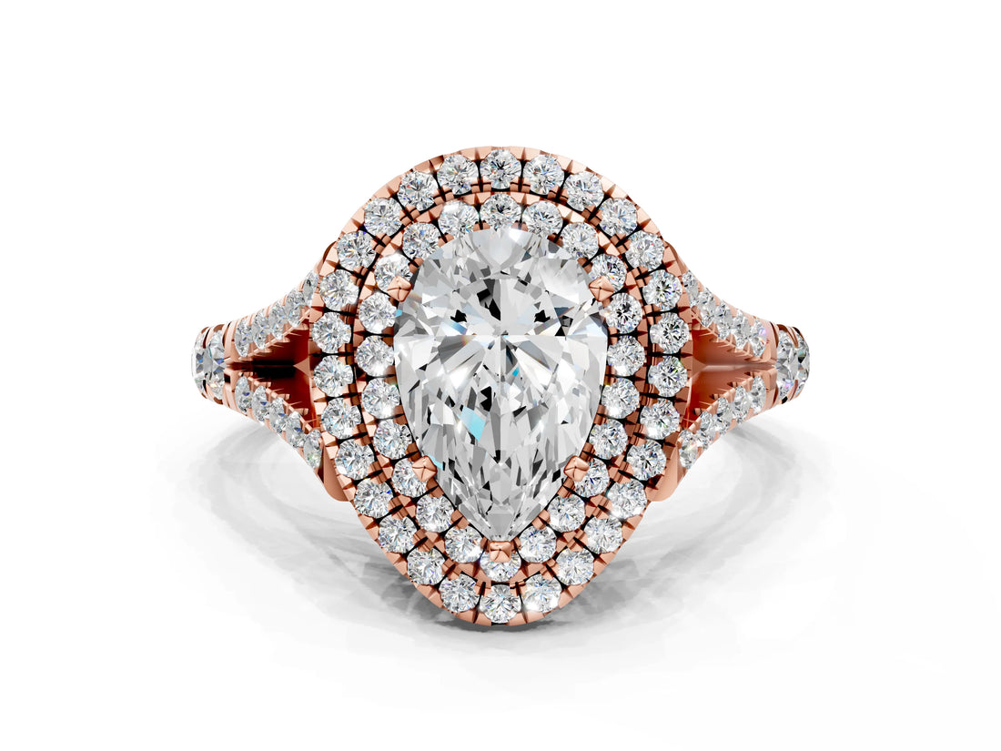 Rose gold Double Halo Pear-Shaped Split Shank Diamond Ring with Prong Setting_31