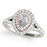 10K Rose Gold Double Halo 2.59 Carat F VS1 Pear-Shaped Split Shank Diamond Ring with Prong Setting