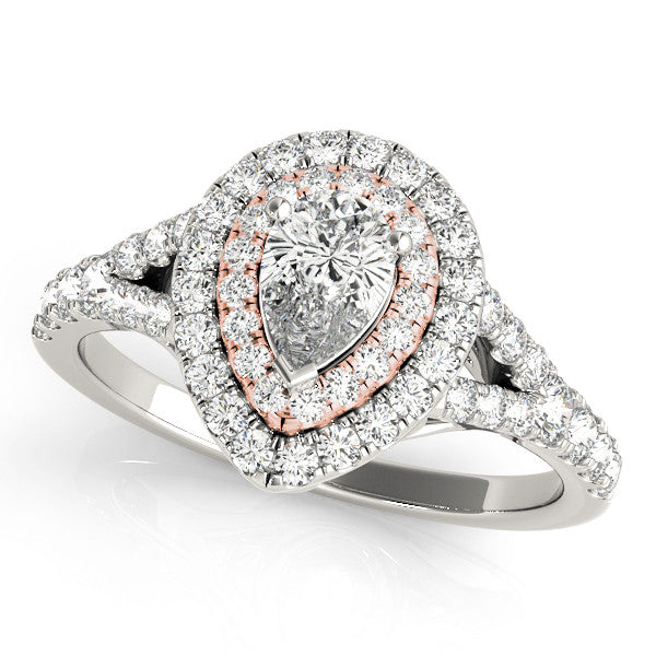 10K Rose Gold Double Halo 2.59 Carat F VS1 Pear-Shaped Split Shank Diamond Ring with Prong Setting
