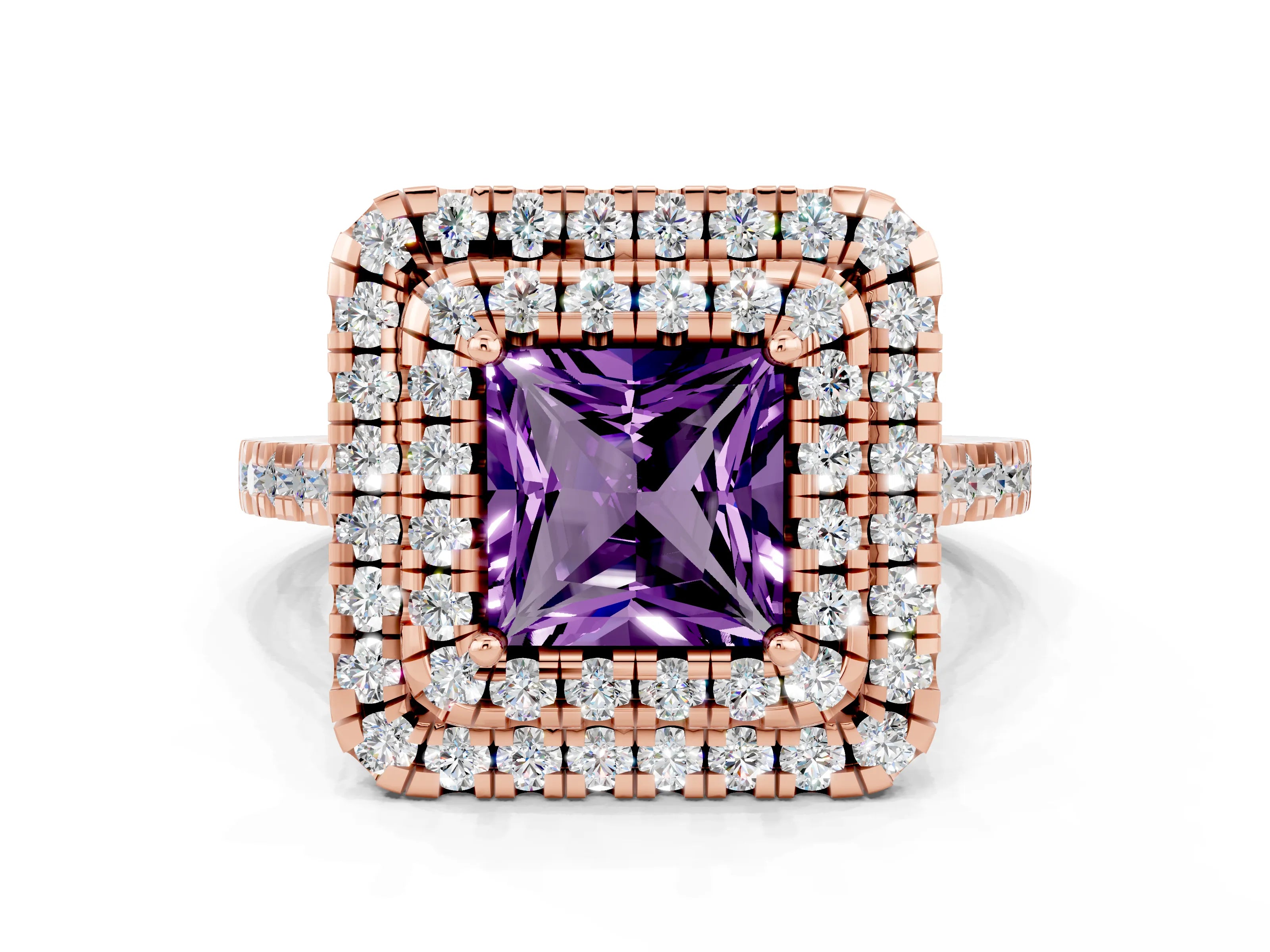 Rose gold Double Halo Princess Cut Amethyst Pavé Band with Four-Prong Setting