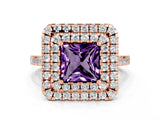 Rose gold Double Halo Princess Cut Amethyst Pavé Band with Four-Prong Setting