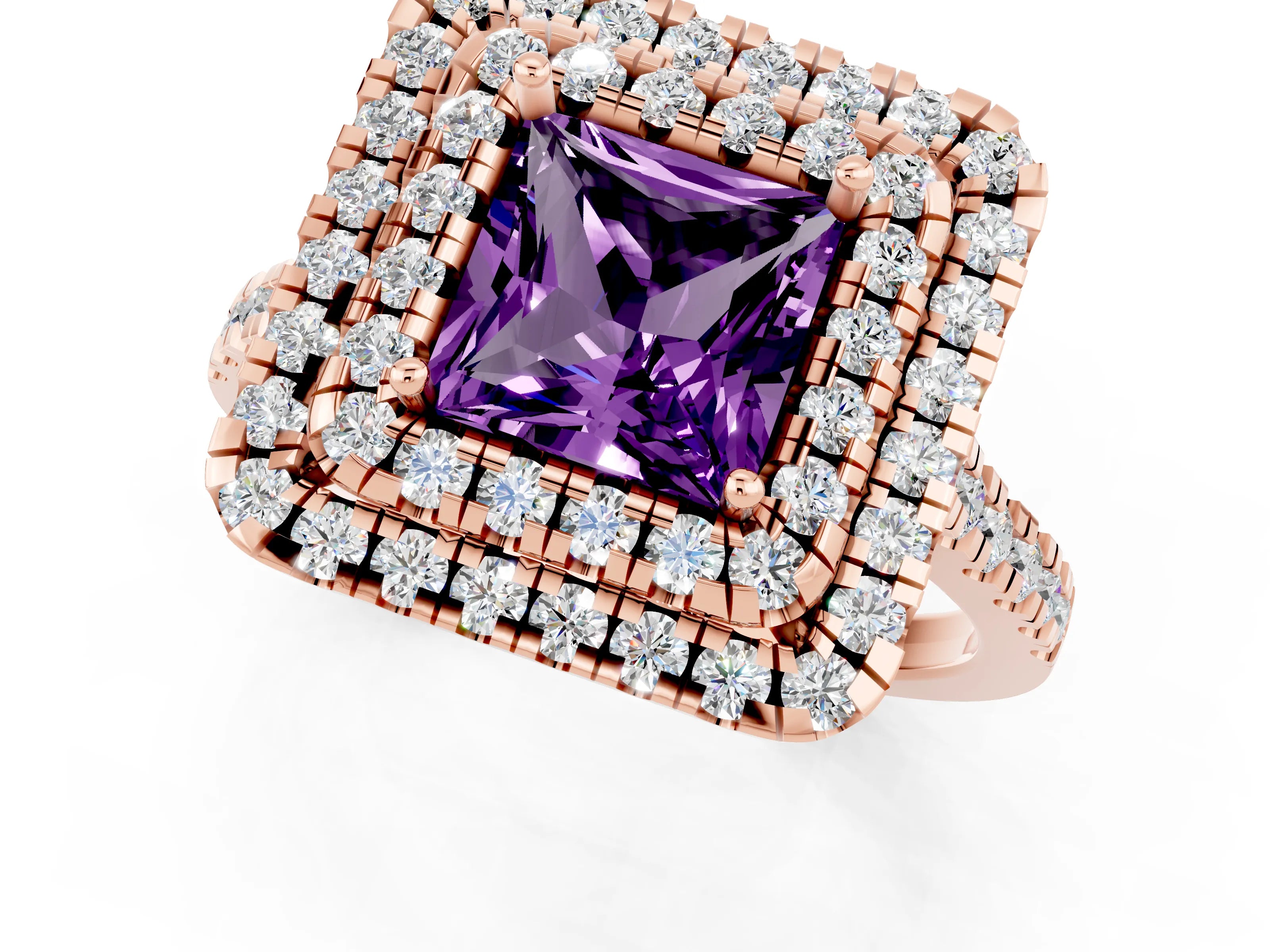 Rose gold Double Halo Princess Cut Amethyst Pavé Band with Four-Prong Setting_1