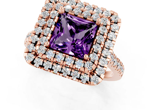 Rose gold Double Halo Princess Cut Amethyst Pavé Band with Four-Prong Setting_1