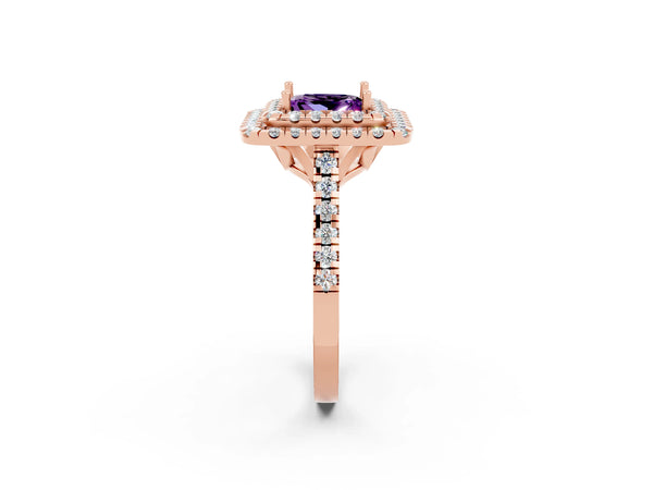 Rose gold Double Halo Princess Cut Amethyst Pavé Band with Four-Prong Setting