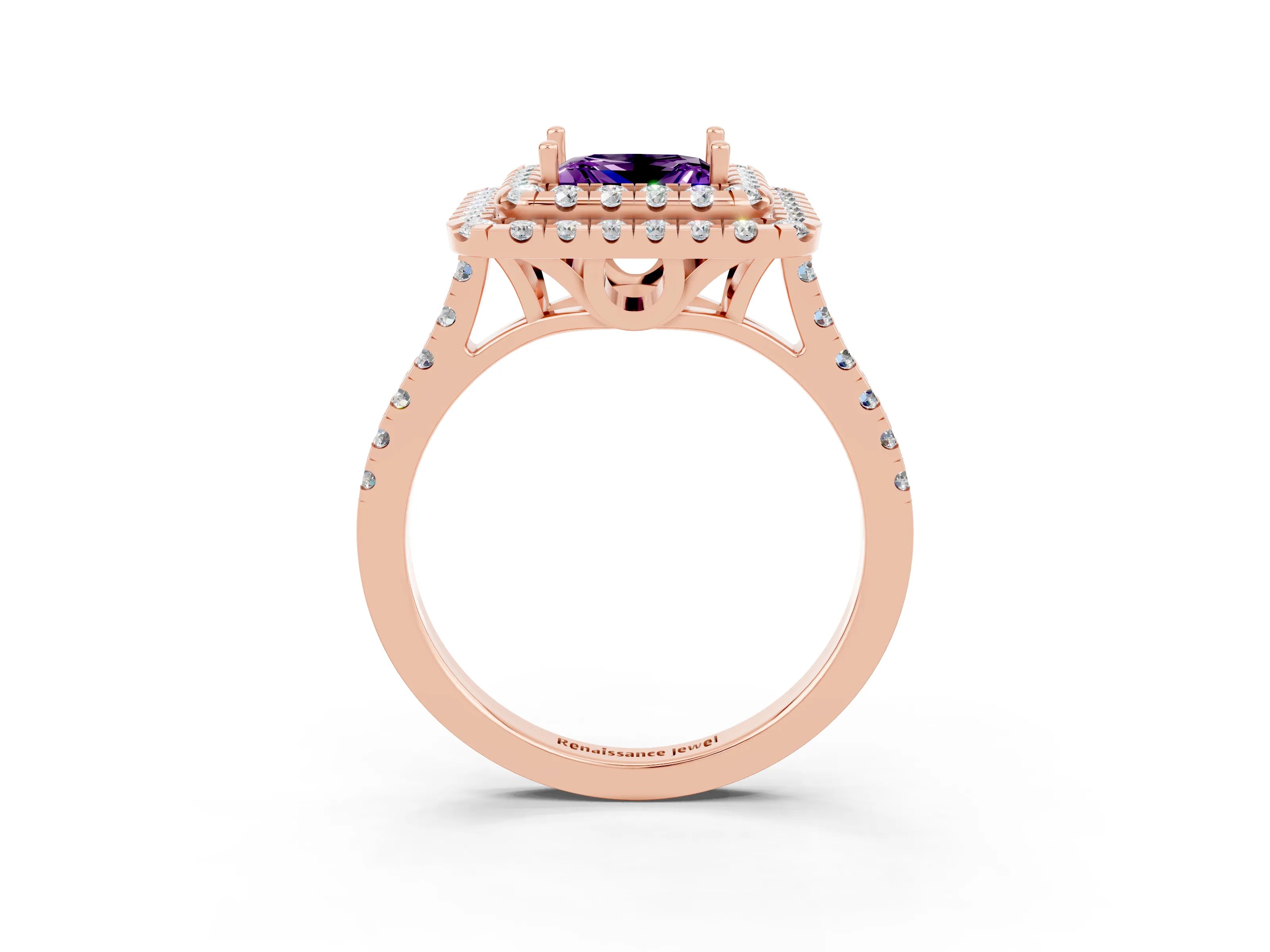 Rose gold Double Halo Princess Cut Amethyst Pavé Band with Four-Prong Setting_3