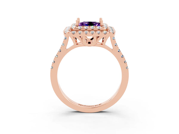 Rose gold Double Halo Princess Cut Amethyst Pavé Band with Four-Prong Setting