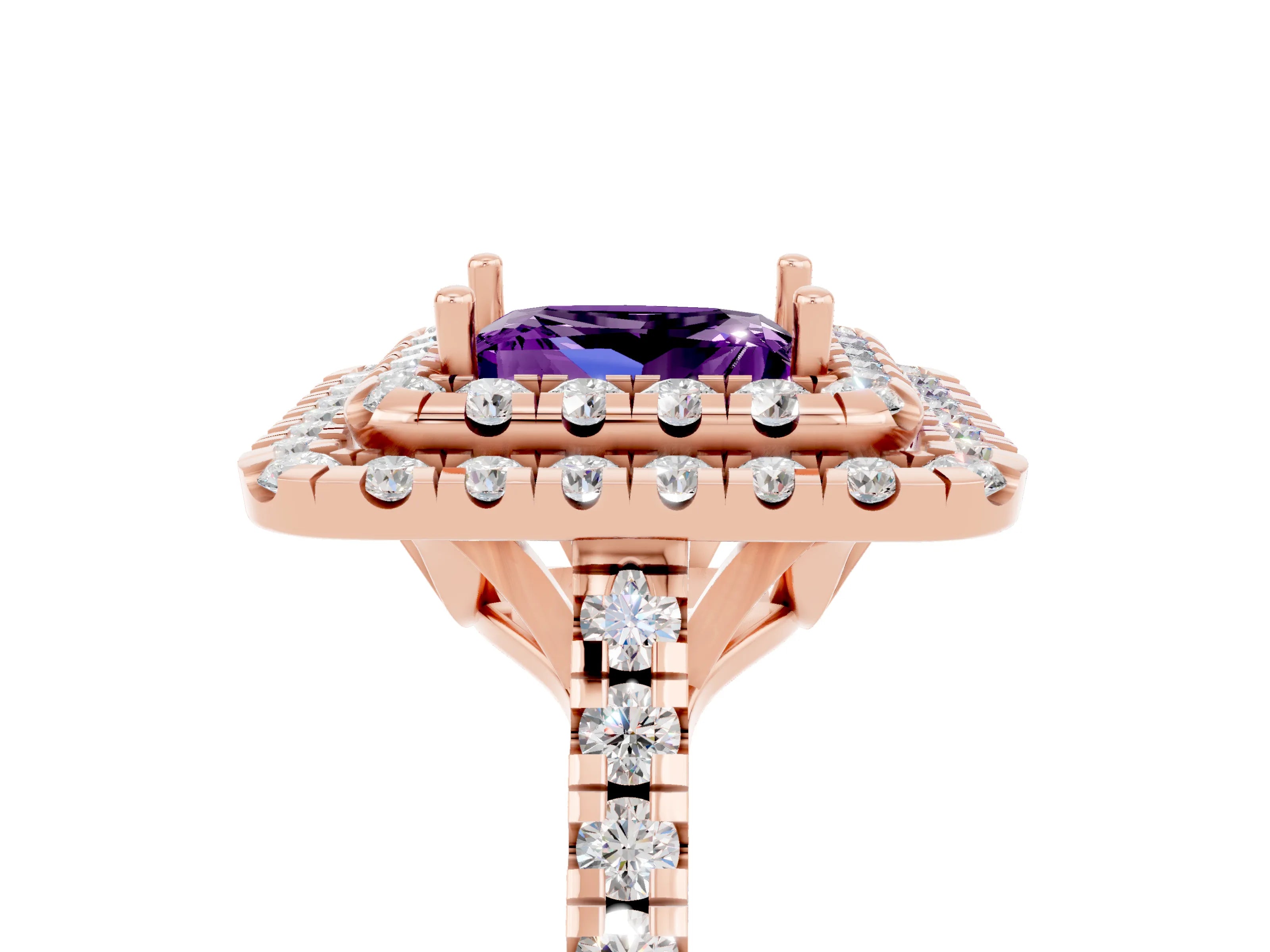 Rose gold Double Halo Princess Cut Amethyst Pavé Band with Four-Prong Setting_5