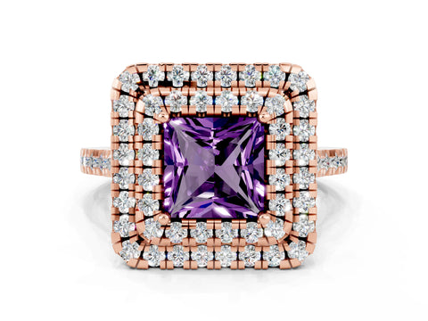 Rose gold Double Halo Princess Cut Amethyst Pavé Band with Four-Prong Setting