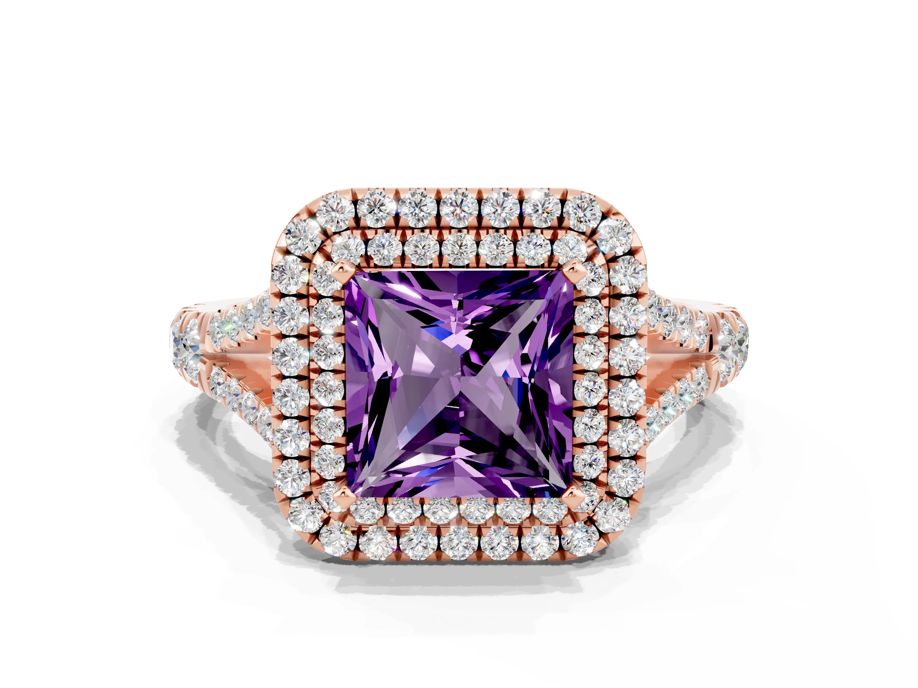 Rose gold Double Halo Princess Cut Amethyst Pavé Split Shank Ring with Prong Setting
