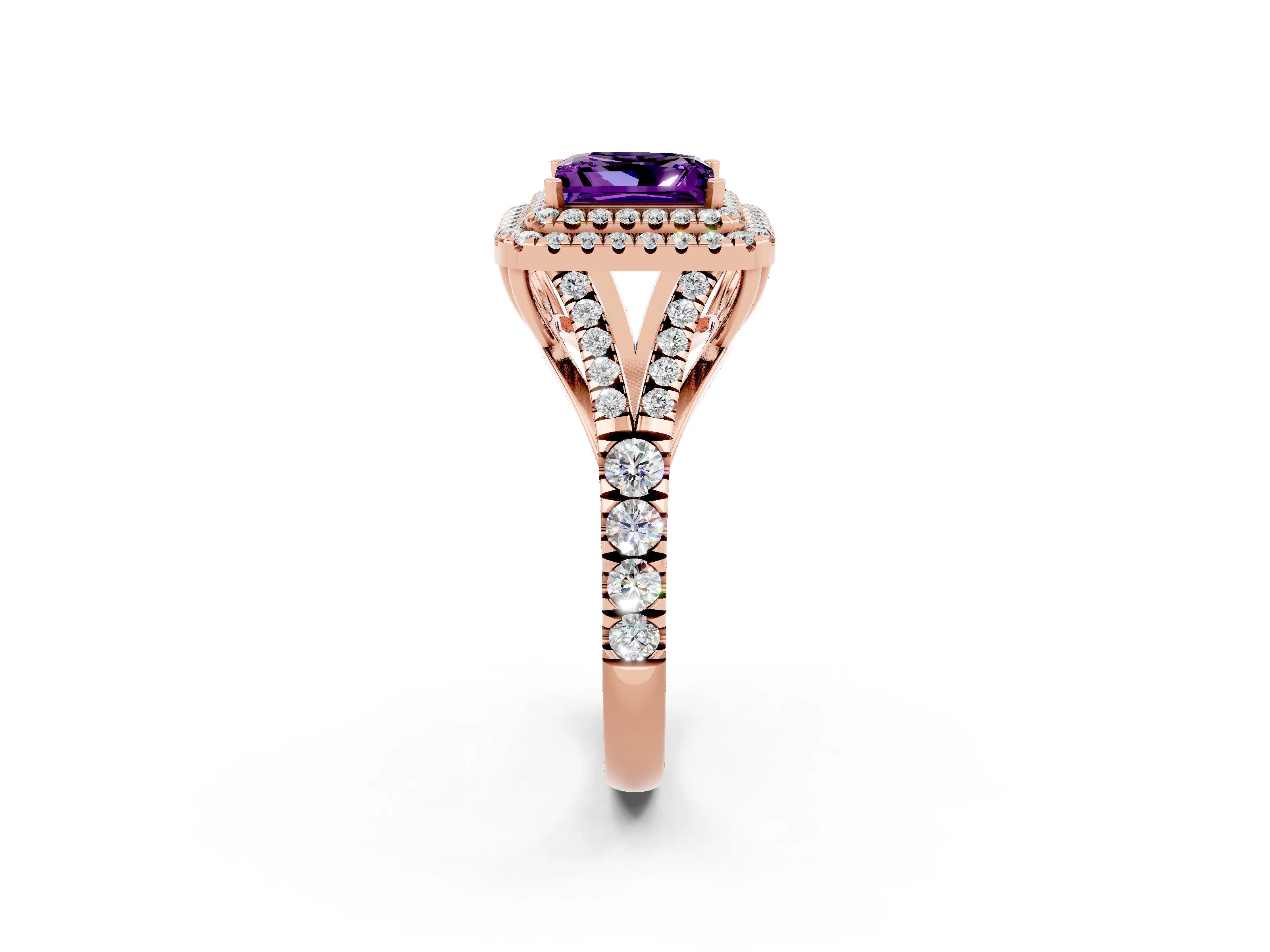 Rose gold Double Halo Princess Cut Amethyst Pavé Split Shank Ring with Prong Setting_2