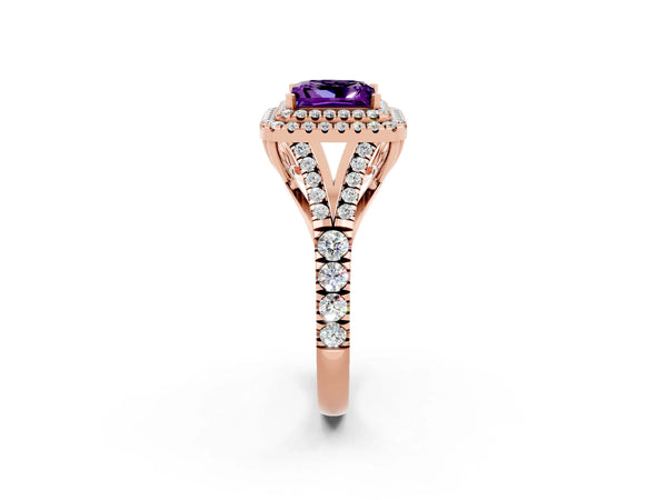 Rose gold Double Halo Princess Cut Amethyst Pavé Split Shank Ring with Prong Setting