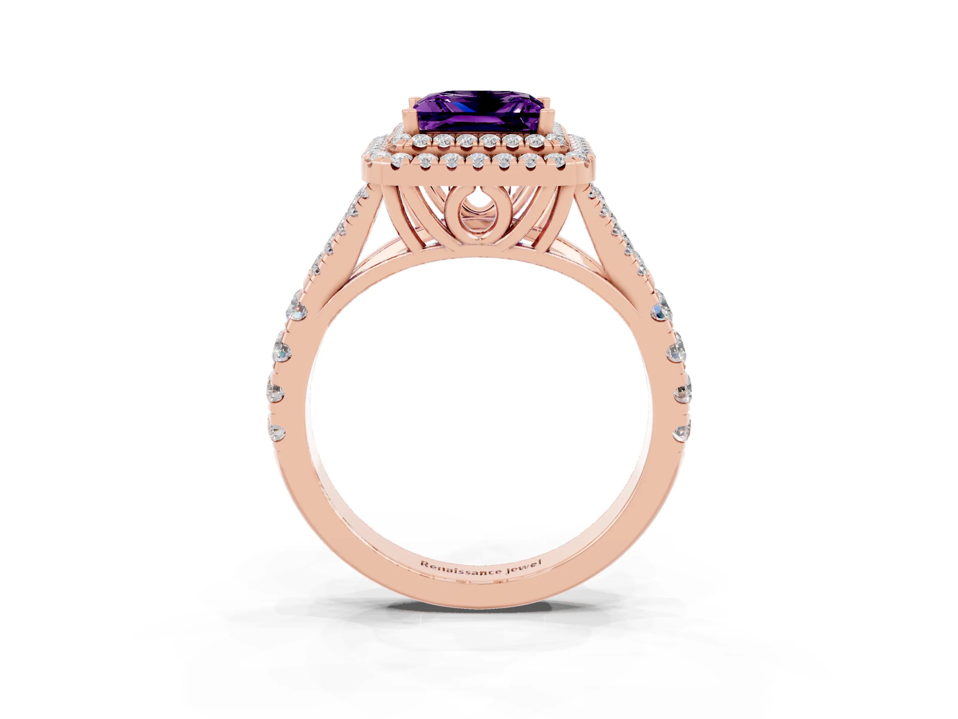 Rose gold Double Halo Princess Cut Amethyst Pavé Split Shank Ring with Prong Setting_3